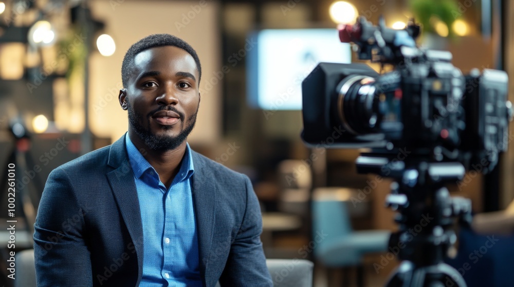 A man in a blue suit being filmed by a professional camera A man in a blue suit being filmed by a professional camera