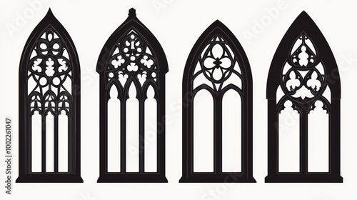 Gothic church windows and medieval arch vector silhouettes. Black stained glass frames. European architecture and cathedral interior elements.