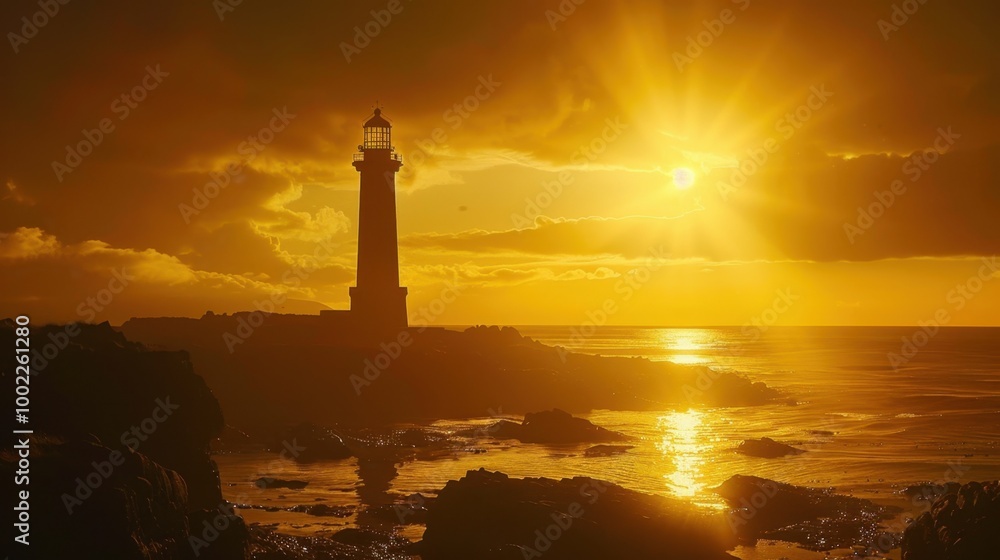 Lighthouse Silhouette Against Golden Sunset Lighthouse Silhouette Against Golden Sunset