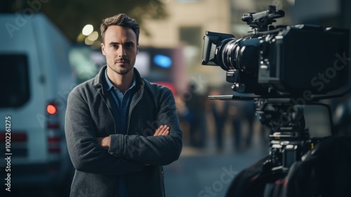 A Man Standing in Front of a Camera, Ready for a Film Shoot