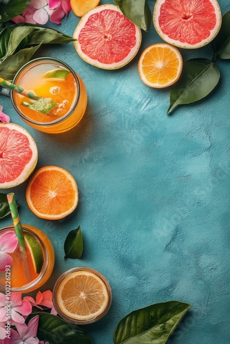 Refreshing citrus drinks paired with tropical flowers and fresh fruit on a te...
