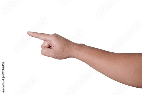Male pointing finger hand gesture, cut out isolated