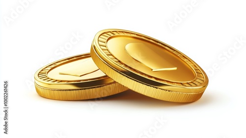 Golden coins illustration. 3D currency concept. Realistic gold coins icon with shadows, isolated on white background.