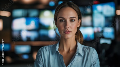 Close-up Portrait of a Woman in a Blue Shirt with a Blurred Background of Monitors