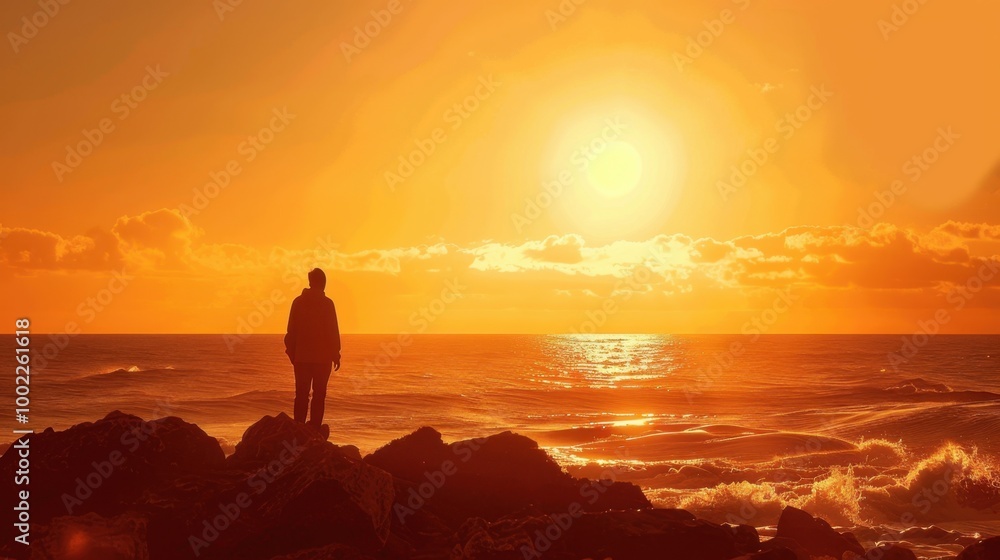 Person Silhouette on Rocky Beach at Sunset Person Silhouette on Rocky Beach at Sunset