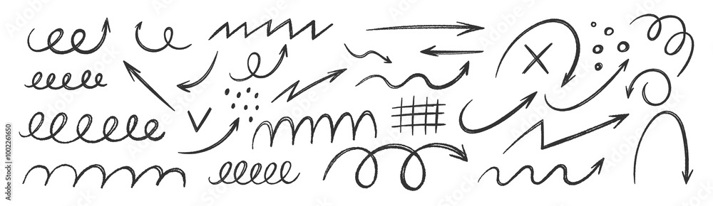Set of hand drawn crayon or charcoal arrows and squiggles. Grunge scribble and mark. Comic vector illustration. Set of hand drawn crayon or charcoal arrows and squiggles. Grunge scribble and mark. Comic vector illustration.