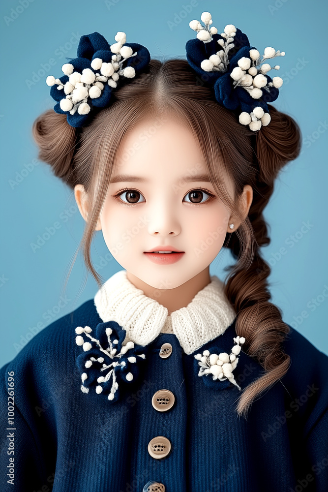 A young girl with blue hair and a blue dress is wearing a flowery headband. She has a cute and innocent expression on her face A young girl with blue hair and a blue dress is wearing a flowery headband. She has a cute and innocent expression on her face
