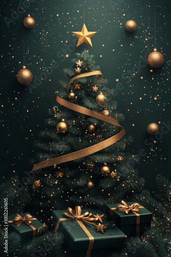 A beautifully decorated Christmas tree sparkling with golden ornaments and ri...