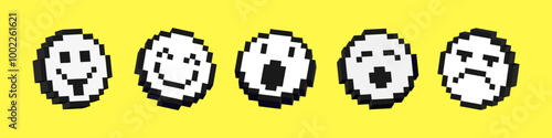 Set of 3d smile icons. Pack of pixelated emoji icons. Emoticons pixel art. 8-bit retro vector illustration.
