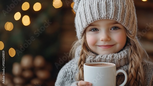 Young girl enjoying hot cocoa by the cozy fireplace during winter evening at ...
