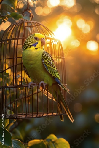Yellow and blue budgerigar perched atop a cage in a sunlit room surrounded by...