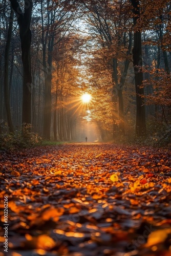 A serene walk through a sunlit forest path during autumn in the late afternoo...