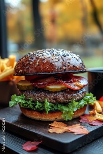 Delicious gourmet hamburgers with fresh toppings on a wooden board