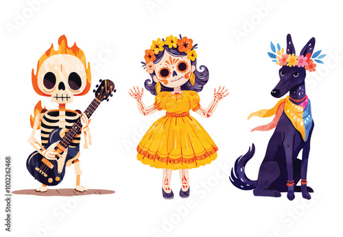 The Day of the Dead is a holiday traditionally celebrated on November 1 and 2, with two skeletons dancing and playing guitar,confeti with violet background