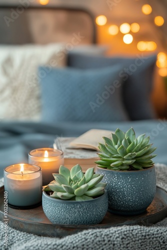 Cozy bedroom with a candle, greenery, and textured bedding in soft afternoon light photo