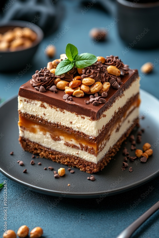 Decadent layered chocolate dessert topped with nuts on a dark plate Decadent layered chocolate dessert topped with nuts on a dark plate