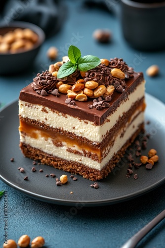 Wallpaper Mural Decadent layered chocolate dessert topped with nuts on a dark plate Torontodigital.ca