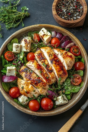 Grilled chicken salad with fresh vegetables and herbs on a wooden table