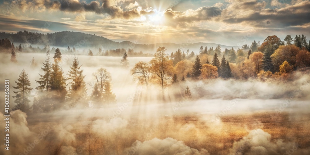 Fototapeta premium Scenic view of mountains with sunlight breaking through fog.