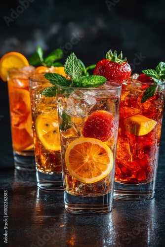 Refreshing cocktails garnished with citrus fruits and mint in a lively bar se...