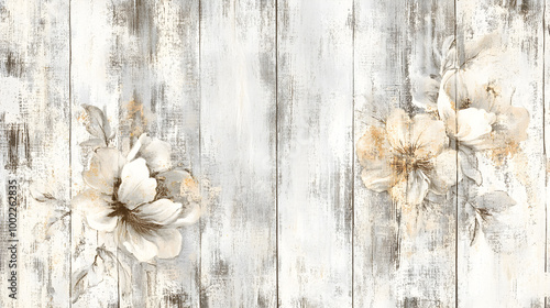 Rustic Farmhouse Wallpaper with Weathered Wood Texture and Faded Floral Motifs. Vintage Country Design