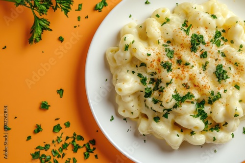 Mac and cheese on white plate, garnished with parsley. Perfect for food blogs, cookbooks, or restaurant menus.