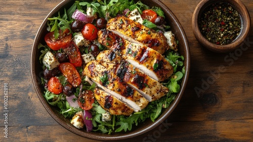 Grilled chicken salad with fresh vegetables on a wooden table