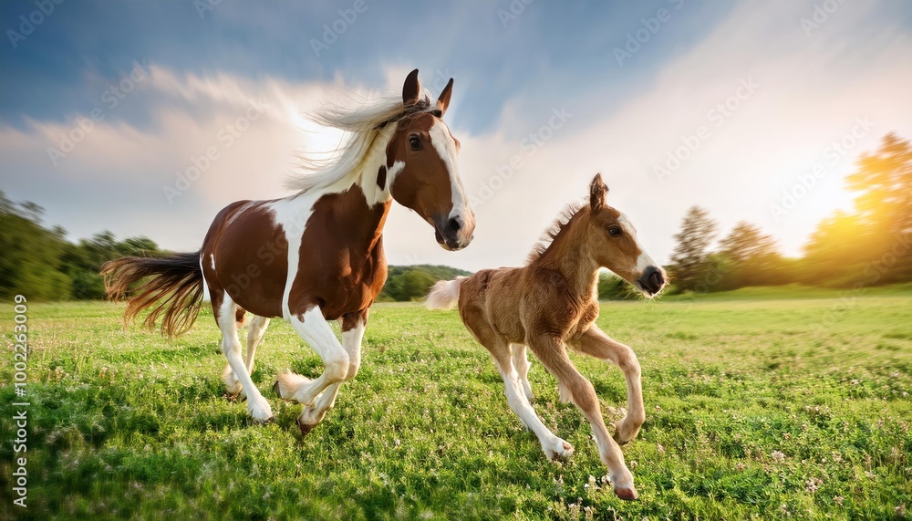 Obraz premium Pinto mare and red foal run on spring green meadow