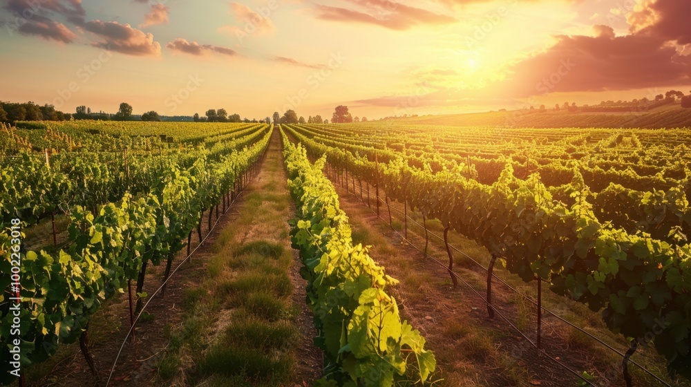 Obraz premium Sun-Drenched Vineyard with Growing Grapevines at Sunset