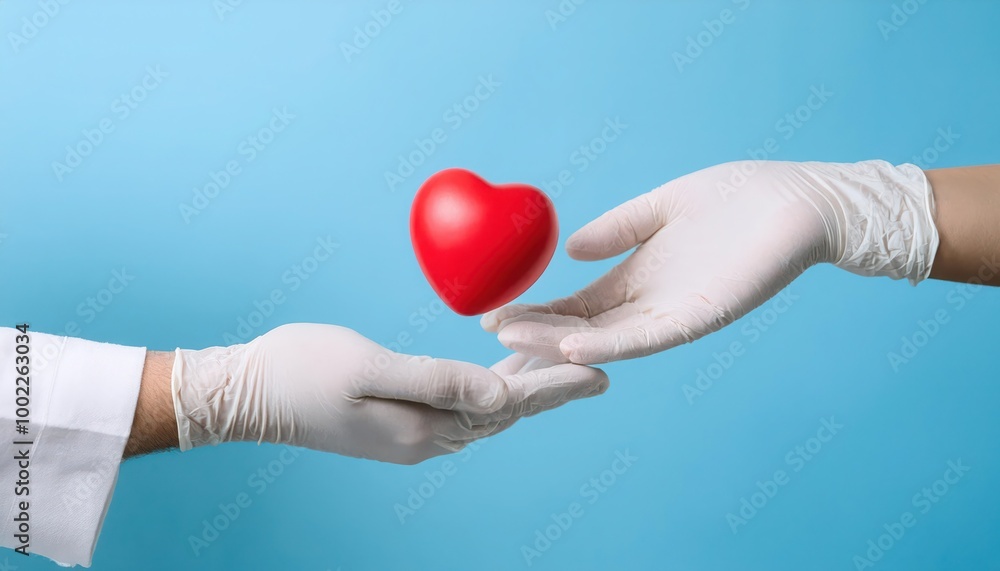 Fototapeta premium Hands in gloves exchanging a red heart symbol, blue background.