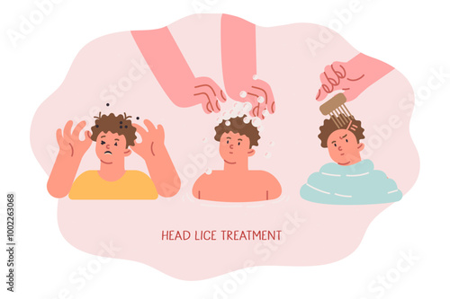 Lice and lice in little boy can be treated with disinfectant shampoo and medical comb