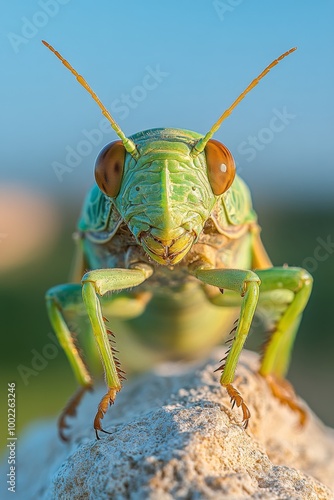 Close-up of a vibrant green grasshopper on a rocky surface during daytime
