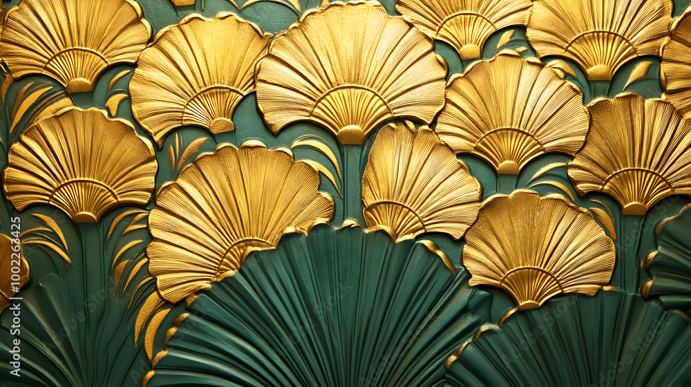 Opulent Art Deco Wallpaper with Gold and Emerald Green Fan & Feather Motifs. Luxury Interior background Opulent Art Deco Wallpaper with Gold and Emerald Green Fan & Feather Motifs. Luxury Interior background