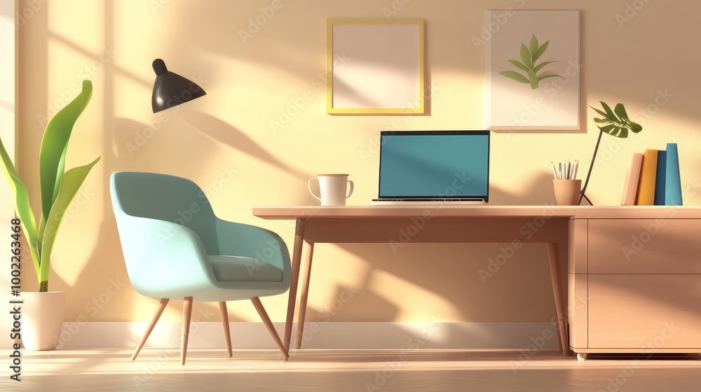 Fototapeta premium Freelance online work concept in a cozy beige home office with armchair, laptop, and coffee cup. Cartoon design illustration in a 3D coworking space.