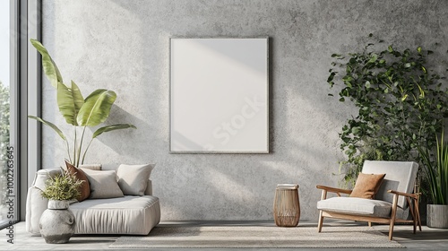 Fototapeta Naklejka Na Ścianę i Meble -  Frame mockup on ISO A paper size in a living room wall with house background. Modern interior design concept. 3D rendering.