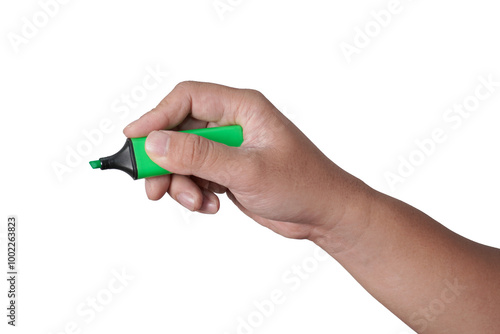 Male person hand holding highlighter pen, writing position, cut out isolated photo