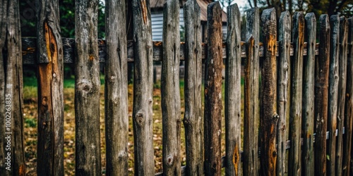 Weathered wooden fence with vertical planks.