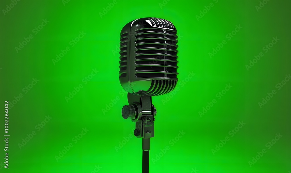 Fototapeta premium a retro microphone, green background, Generative AI 