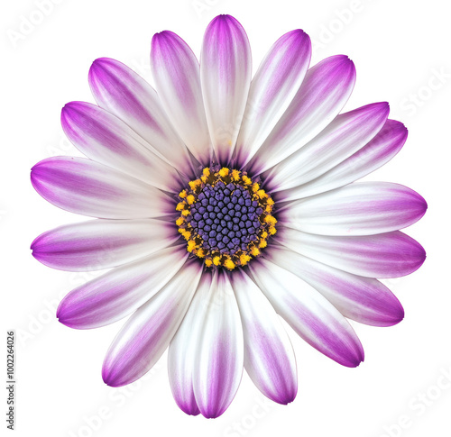 Whie and pink Osteosperumum Flower Daisy Isolated on transparent Background. Macro Closeup. A white Cape Marguerite Daisy flower with purple center isolated on transparent background