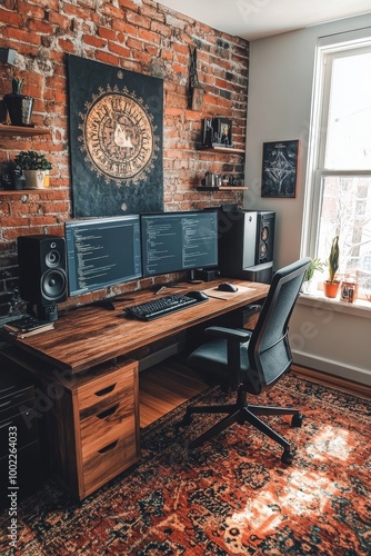 Modern workspace setup with dual monitors and greenery in a well-lit room dur...