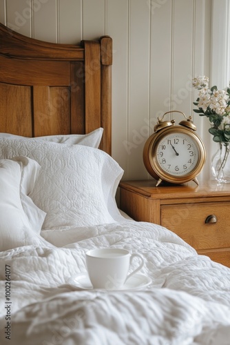Morning coffee and alarm clock beside a cozy bed with fresh flowers