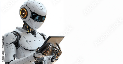 ai robot, using tablet, isolate on transparency background, png, robot, 3d
