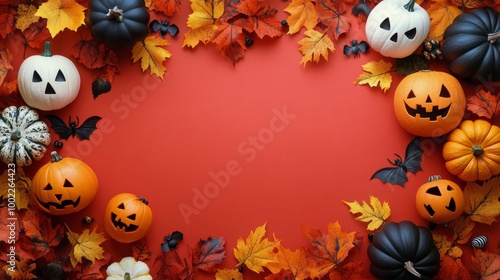 Colorful Halloween decorations featuring pumpkins and fall leaves on a vibran...