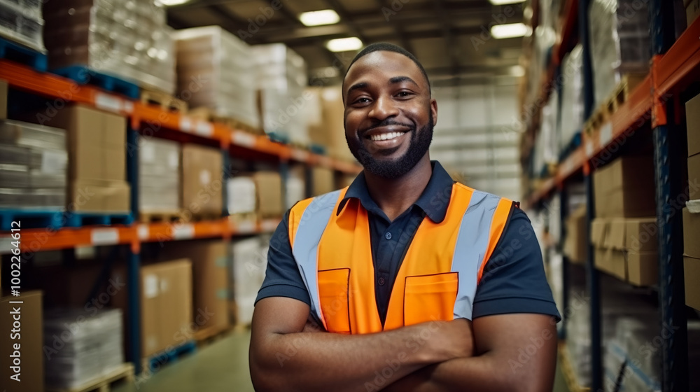 A portrait of an African American warehouse worker, smiling and standing with his arms crossed in front of shelves filled with goods. A portrait of an African American warehouse worker, smiling and standing with his arms crossed in front of shelves filled with goods.
