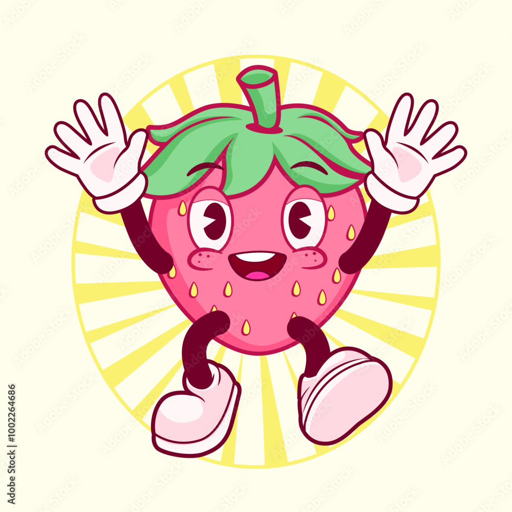 Naklejka premium JOY STRAWBERRY FRUIT VINTAGE MASCOT CHARACTER AND ILLUSTRATION