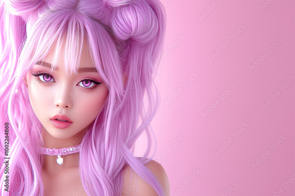 A girl with pink hair and purple eyes stands in front of a pink background. She is wearing a necklace and has a pink bow in her hair A girl with pink hair and purple eyes stands in front of a pink background. She is wearing a necklace and has a pink bow in her hair