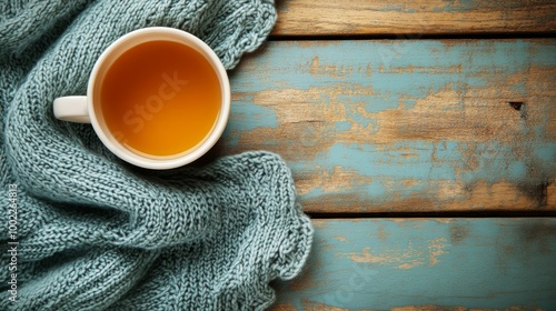 Warm cup of tea on a cozy knit blanket in a rustic setting