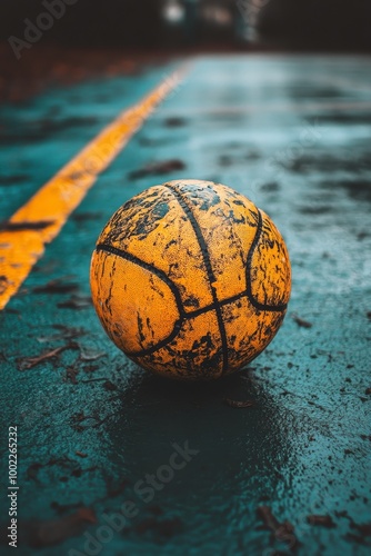 Basketball covered in raindrops against a blurred urban background during a r...