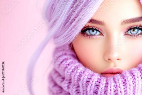 A woman with blue eyes and purple hair is wearing a purple scarf. The scarf is knitted and has a fuzzy texture. The woman's face is the main focus of the image, and the scarf is placed over her face