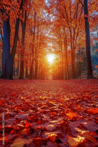 Vibrant autumn landscape with colorful leaves covering the forest floor in th...